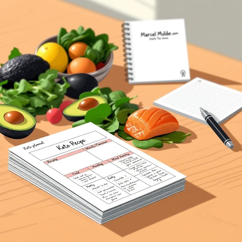 A beautifully-lit, clean and organized keto meal planning layout on a wooden table. In the foreground, a stack of recipe cards and a weekly meal planner with handwritten notes. In the middle ground, a variety of fresh keto-friendly ingredients like avocado, spinach, and salmon. In the background, a minimalist MarcelMulder.com branded notepad and pen. The lighting is soft and natural, creating a calming, productive atmosphere. The composition is well-balanced, highlighting the practical aspects of keto meal planning for the 25-45 year old female audience. A beautifully-lit, clean and organized keto meal planning layout on a wooden table. In the foreground, a stack of recipe cards and a weekly meal planner with handwritten notes. In the middle ground, a variety of fresh keto-friendly ingredients like avocado, spinach, and salmon. In the background, a minimalist MarcelMulder.com branded notepad and pen. The lighting is soft and natural, creating a calming, productive atmosphere. The composition is well-balanced, highlighting the practical aspects of keto meal planning for the 25-45 year old female audience.