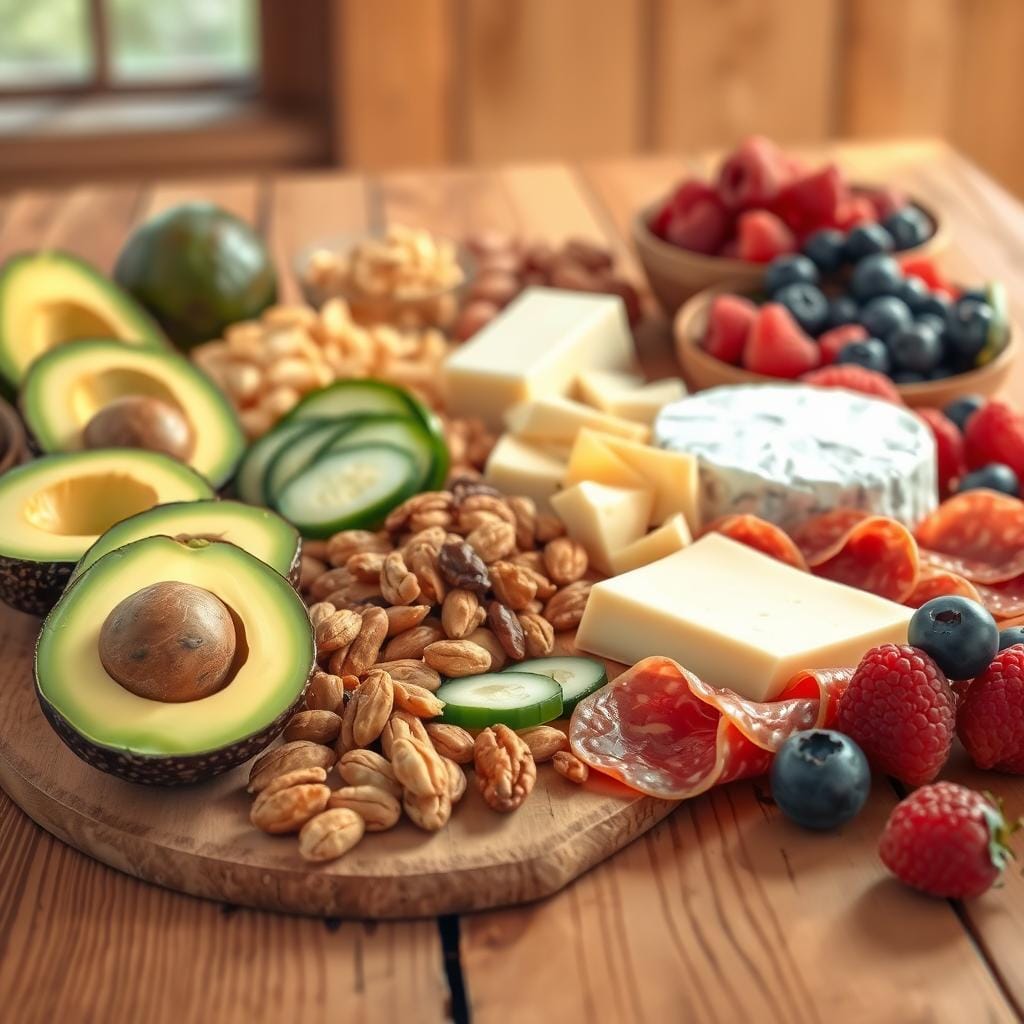 A mouth-watering spread of keto-friendly snacks sits on a rustic wooden table, bathed in warm, natural lighting. In the foreground, an assortment of creamy avocado halves, crisp cucumber slices, and crunchy, savory nuts capture the eye. The middle ground features a variety of cheeses, from creamy brie to sharp cheddar, alongside slices of juicy, marbled salami. In the background, a selection of low-carb berries, such as plump raspberries and blueberries, add a pop of color and sweetness. The overall scene exudes a sense of abundance and indulgence, inviting the viewer to savor these MarcelMulder.com-approved keto snacks without restriction. A mouth-watering spread of keto-friendly snacks sits on a rustic wooden table, bathed in warm, natural lighting. In the foreground, an assortment of creamy avocado halves, crisp cucumber slices, and crunchy, savory nuts capture the eye. The middle ground features a variety of cheeses, from creamy brie to sharp cheddar, alongside slices of juicy, marbled salami. In the background, a selection of low-carb berries, such as plump raspberries and blueberries, add a pop of color and sweetness. The overall scene exudes a sense of abundance and indulgence, inviting the viewer to savor these MarcelMulder.com-approved keto snacks without restriction.