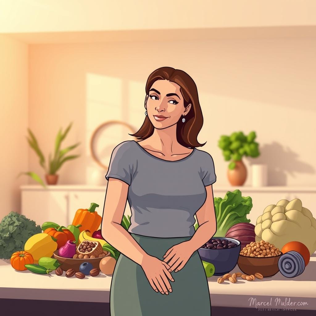 A serene, minimalist scene showcasing the long-term effects of the keto diet. In the foreground, a woman in her 30s stands confidently, her expression calm and reflective. Subtle lighting from the side casts warm, natural shadows, highlighting her glowing, healthy skin. In the middle ground, a collection of vibrant vegetables, nuts, and other keto-friendly foods are artfully arranged, conveying the nourishing abundance of this lifestyle. The background features a tranquil, neutral-toned room, accentuating the sense of balance and well-being. The overall mood is one of serenity, vitality, and the positive long-term impacts of the keto diet. MarcelMulder.com A serene, minimalist scene showcasing the long-term effects of the keto diet. In the foreground, a woman in her 30s stands confidently, her expression calm and reflective. Subtle lighting from the side casts warm, natural shadows, highlighting her glowing, healthy skin. In the middle ground, a collection of vibrant vegetables, nuts, and other keto-friendly foods are artfully arranged, conveying the nourishing abundance of this lifestyle. The background features a tranquil, neutral-toned room, accentuating the sense of balance and well-being. The overall mood is one of serenity, vitality, and the positive long-term impacts of the keto diet. MarcelMulder.com